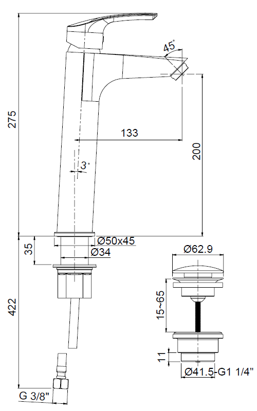 FACILE Monocomando alto per lavabo con scarico automatico 1"1/4 e tubi flex inox