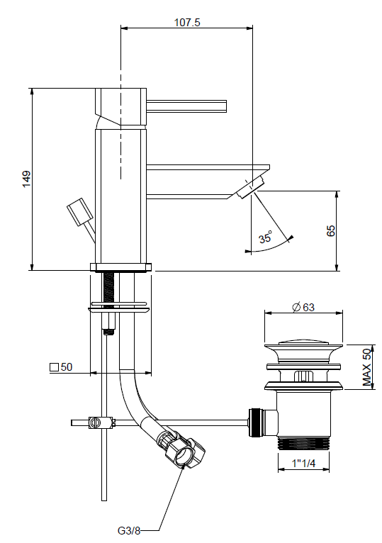 QUARK Monocomando per lavabo con scarico automatico 1"1/4 e tubi flex inox