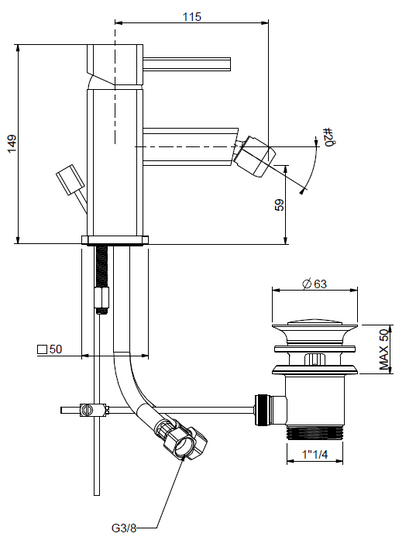 QUARK Monocomando per bidet con getto orientabile, scarico automatico 1"1/4 e tubi flex inox