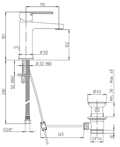 EOLO Monocomando per lavabo con scarico automatico 1"1/4 e tubi flex inox