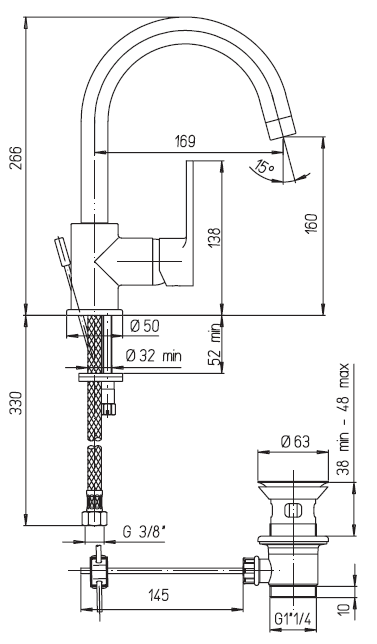 EOLO Monocomando per lavabo con bocca girevole, scarico automatico 1"1/4 e tubi flex inox