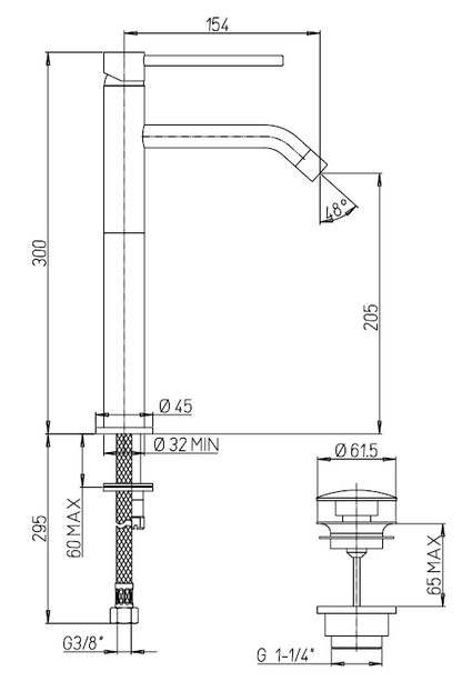 GRILLO Monocomando alto per lavabo con scarico automatico 1"1/4 e tubi flex inox